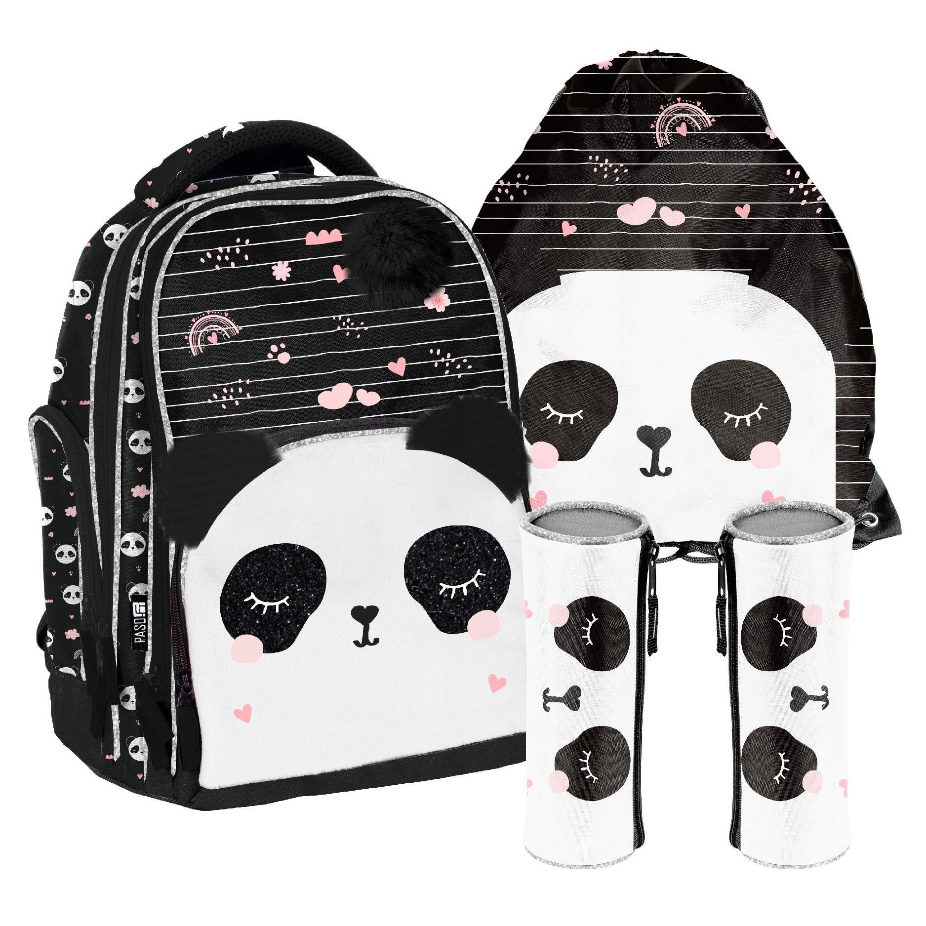 PASO PANDA ŠKOLSKÝ SET, PLYŠOVÝ BATOH, Peračník, DIEVČATÁ, ČIERNA